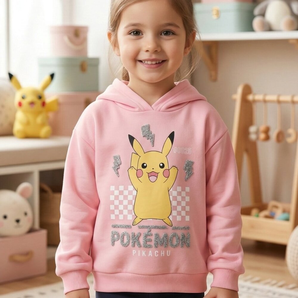 Girls Pink Pokémon Pikachu Pullover Hoodie - Silver Glitter Text & Graphic